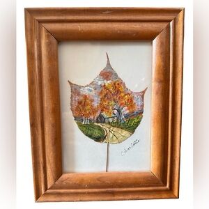 Framed Hand Painted Leaf Art with Autumn Landscape 9.5” x 7.3” framed